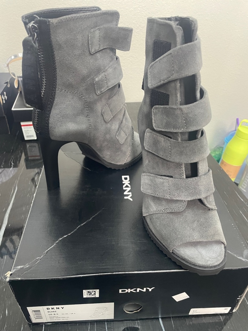 DKNY Grey Suede Multi-Strap Open-Toe Ankle Heels